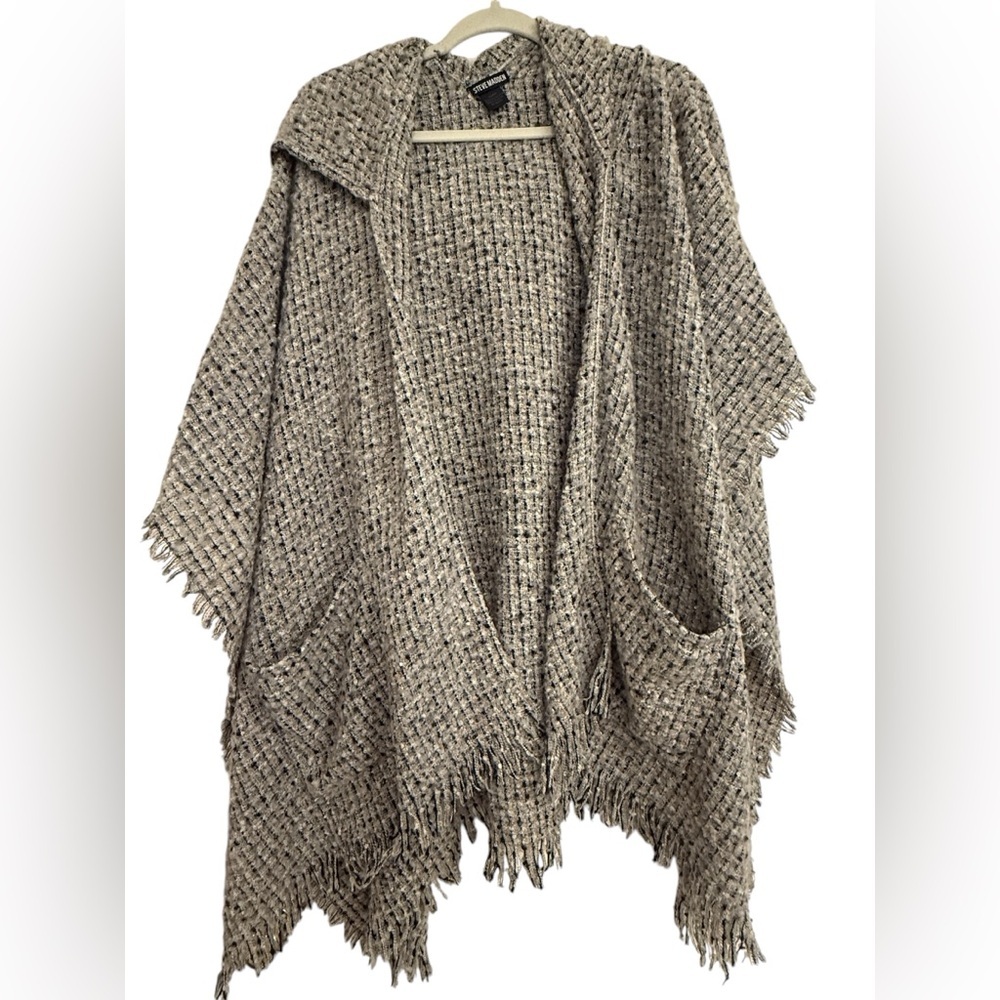 Steve Madden hooded tweed fringe Poncho One Size pockets Boho